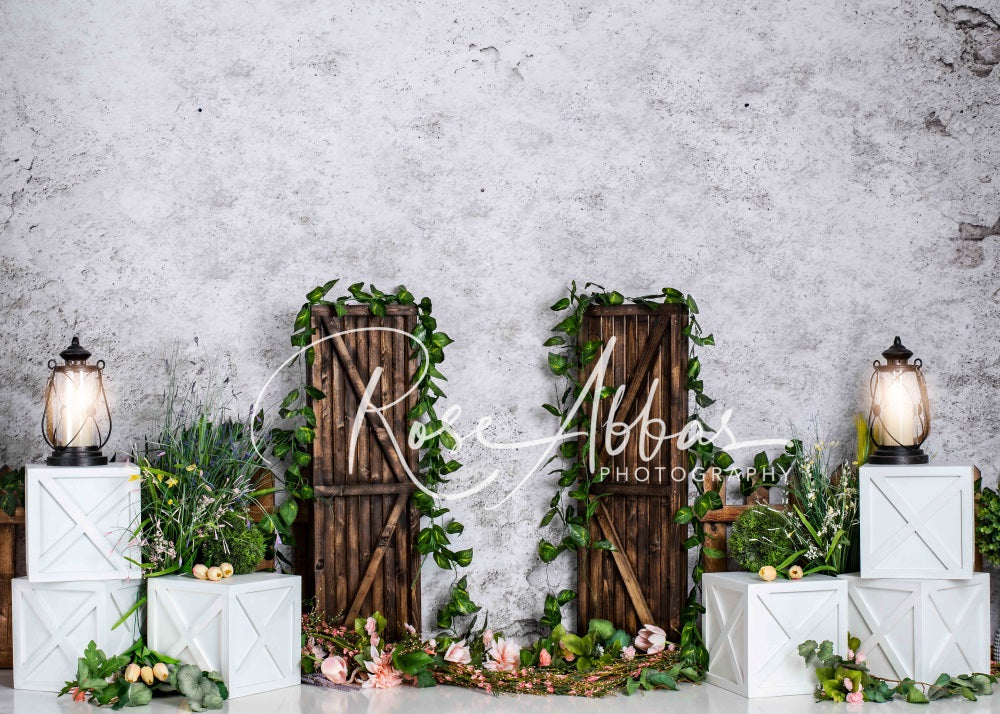 Kate Spring Green Plants Backdrop Wooden Door for Photography Designed By Rose Abbas