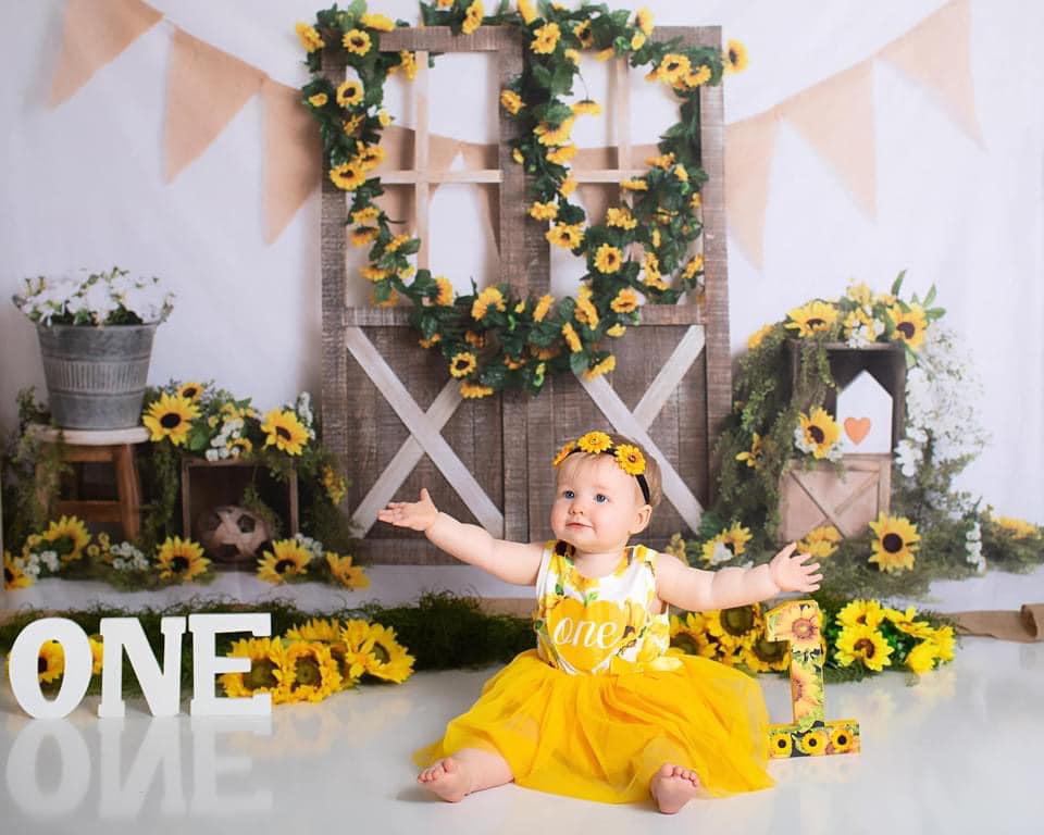 Kate Spring Sunflower Barn Door Decoration Backdrop Designed by Megan Leigh Photography - Kate Backdrop