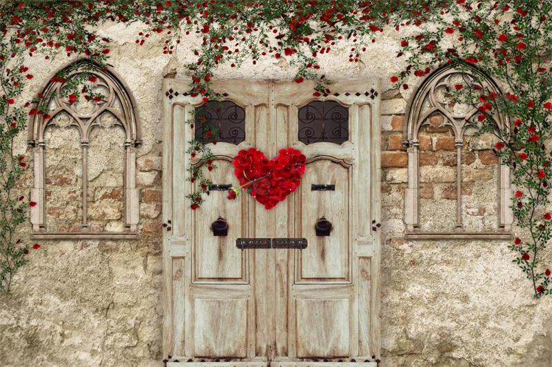 Kate Valentine's Day Backdrop Brick Wall Wooden Door House for Photography