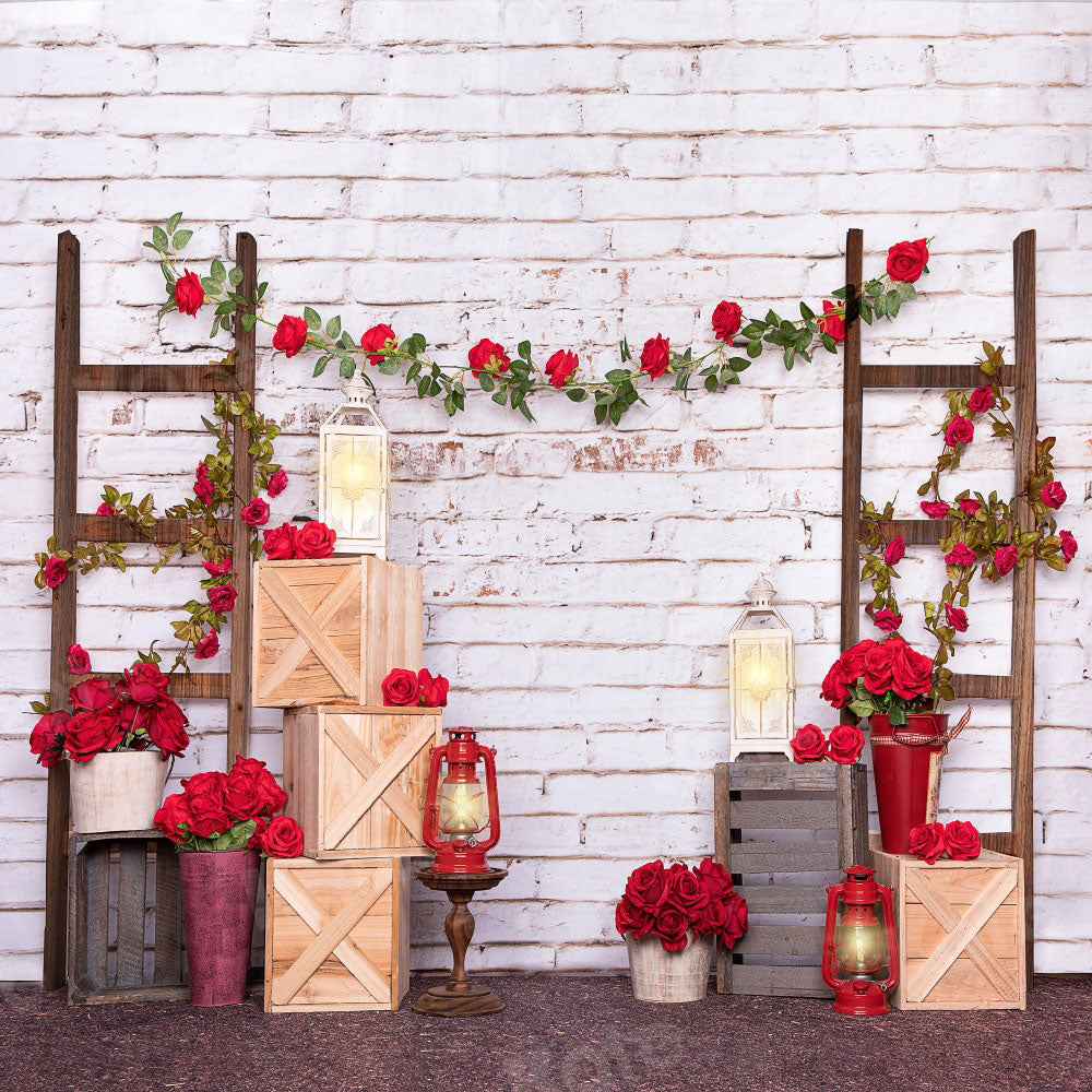 Kate Valentine's Day Roses White Brick Wall Backdrop Designed by Emetselch