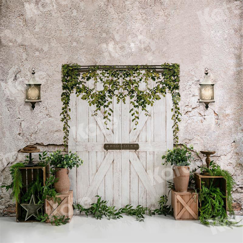 Kate White Barn Door Backdrop Green Plants for Photography