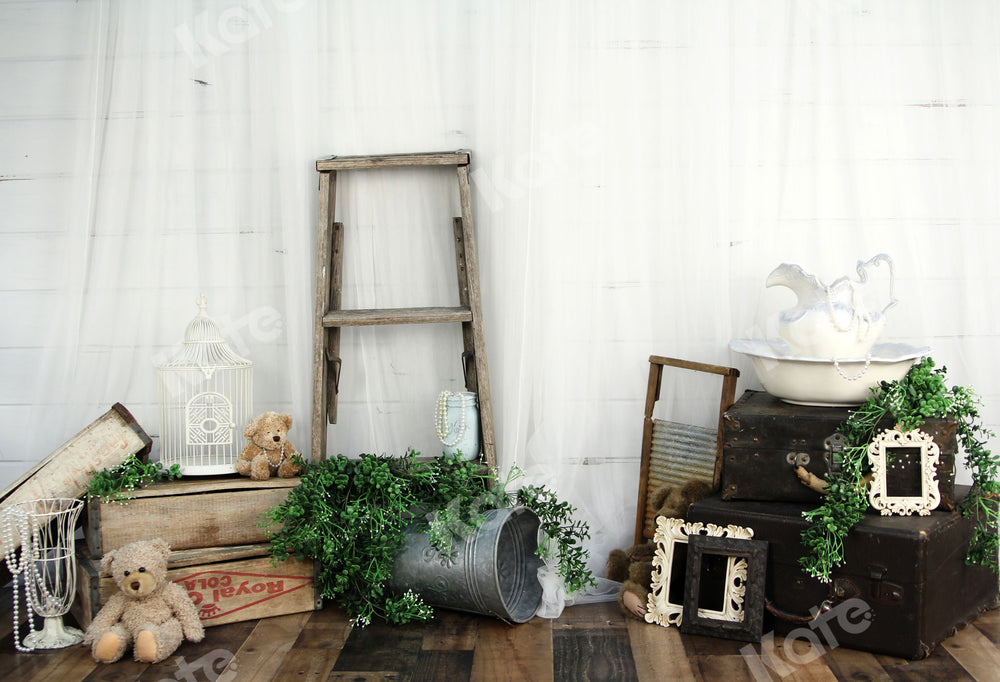 Kate Wooden Ladder Backdrop White Bucket Little Bear for Photography