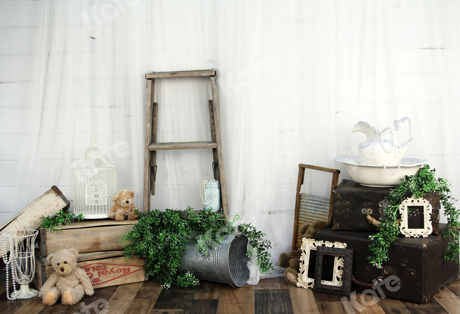 Kate Wooden Ladder Backdrop White Bucket Little Bear for Photography