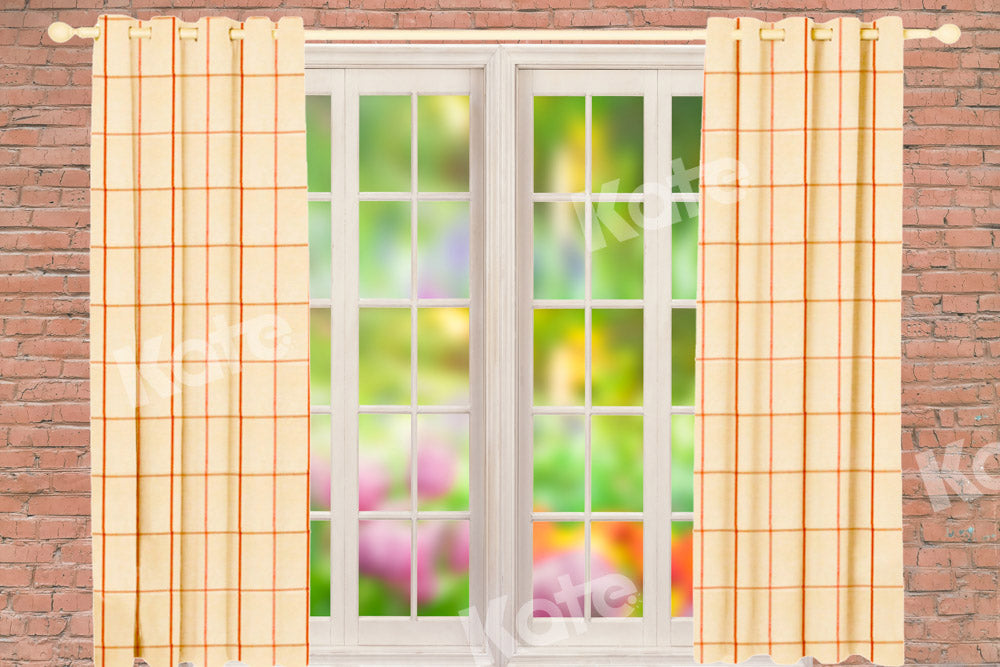 Fondo de ventana blanco diseñado por cadenas de fotografía de cortinas amarillas a cuadros