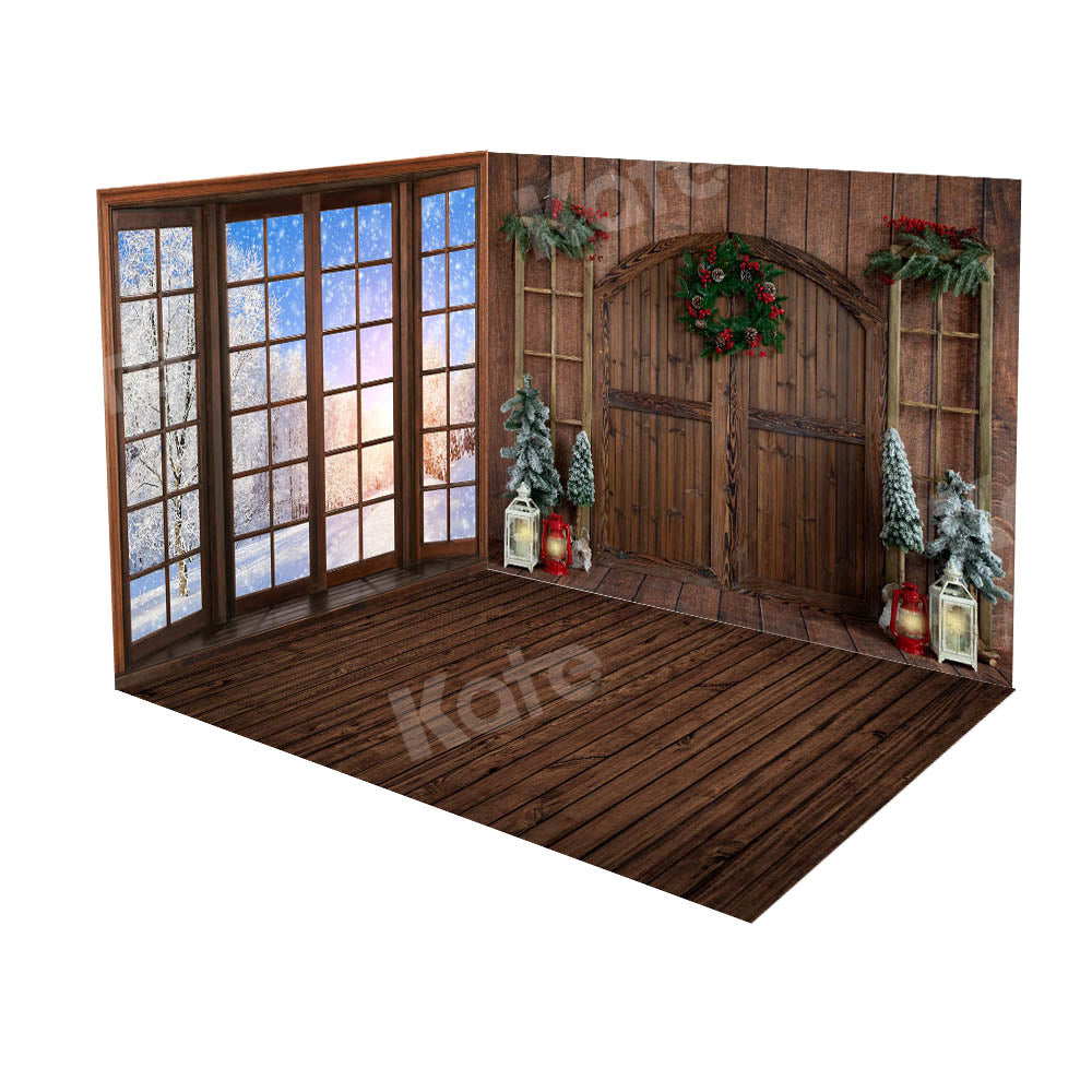 Kate Window Winter Snow Scene Barn Door Room Set(8ftx8ft&10ftx8ft&8ftx10ft)
