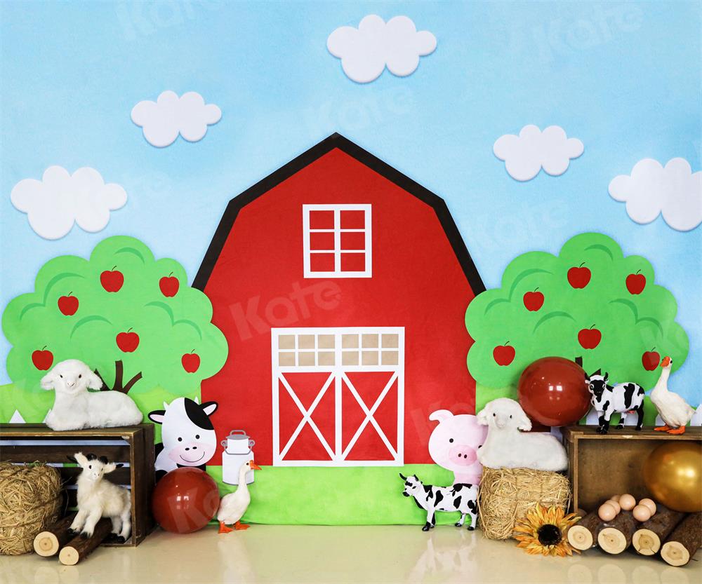 Kate Animal Farm Backdrop Red House Apple Tree for Photography