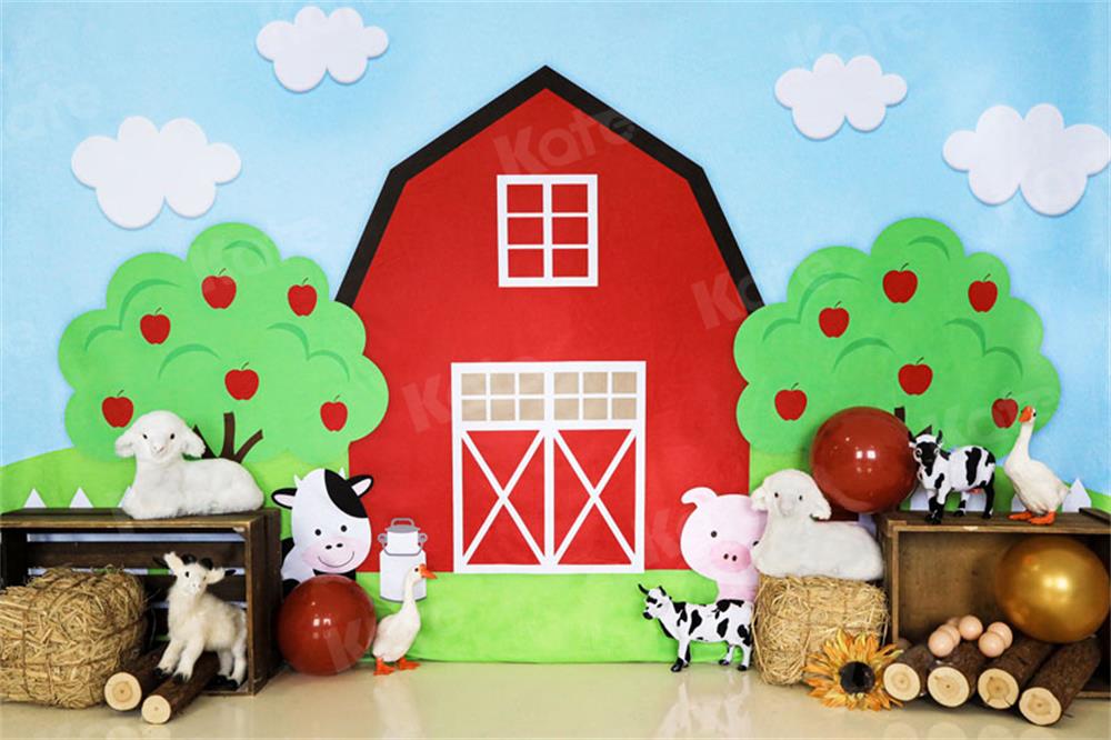Kate Animal Farm Backdrop Red House Apple Tree for Photography