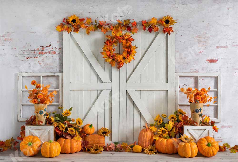 Kate Fall Pumpkin Backdrop White Barn Door Fallen Leaves Designed by Emetselch