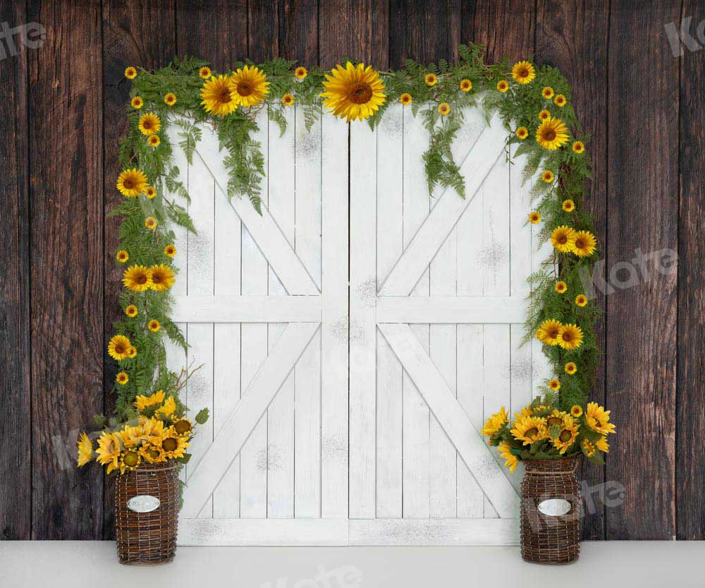 Kate Autumn Sunflowers Backdrop White Barn Door Designed by Emetselch