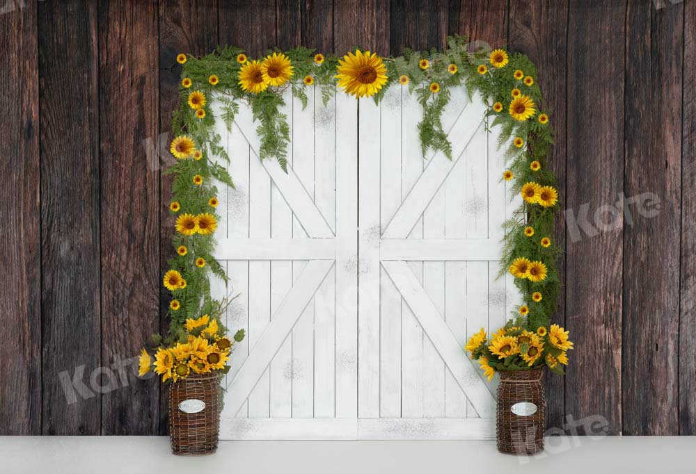 Kate Autumn Sunflowers Backdrop White Barn Door Designed by Emetselch