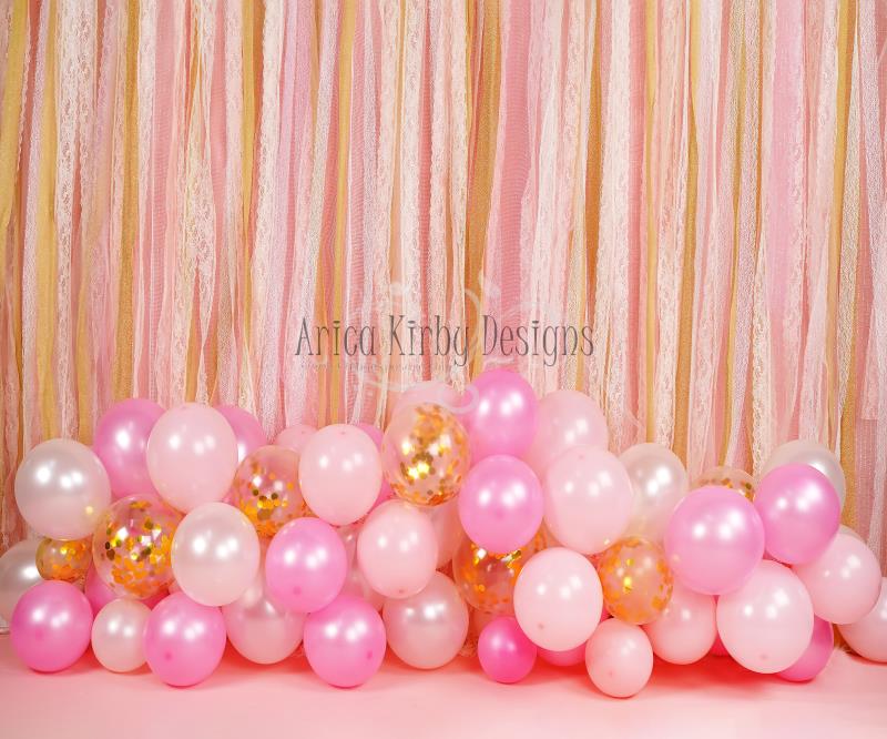 Kate Birthday Pink & Gold Ribbons with Balloons Backdrop Designed By Arica Kirby