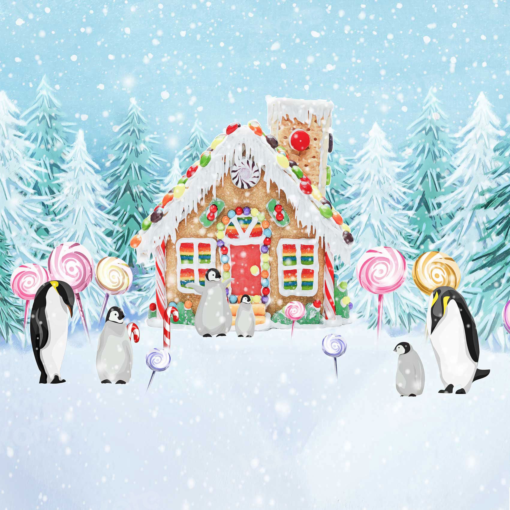 Kate Candy House Backdrop Snow View Room Penguin for Photography