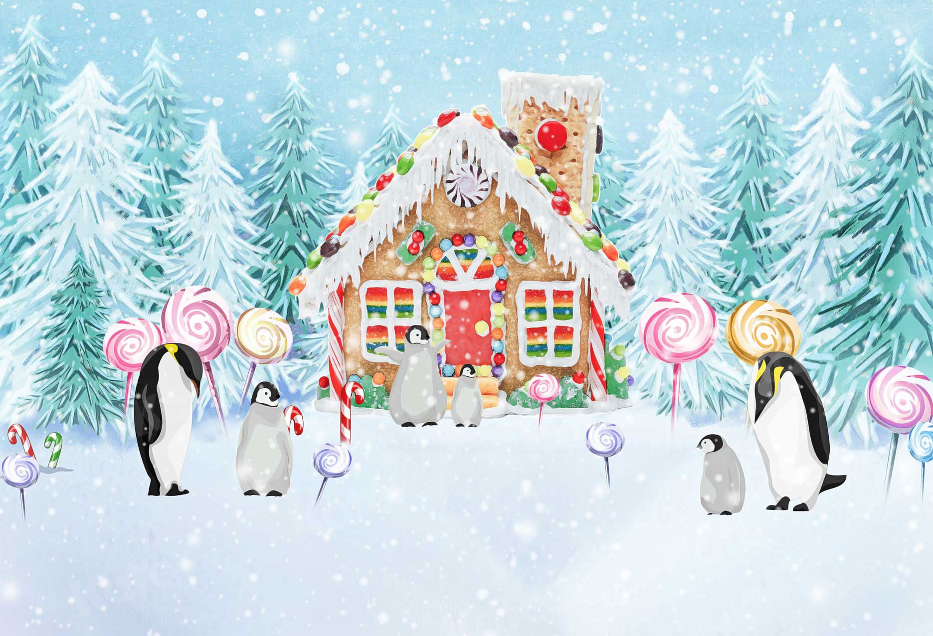 Kate Candy House Backdrop Snow View Room Penguin for Photography