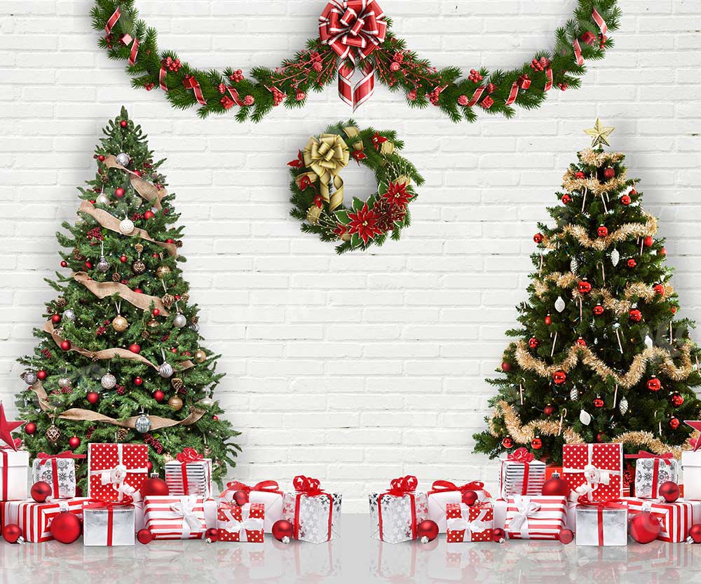 Kate Christmas Brick Wall Backdrop Tree Wreath Gift for Photography