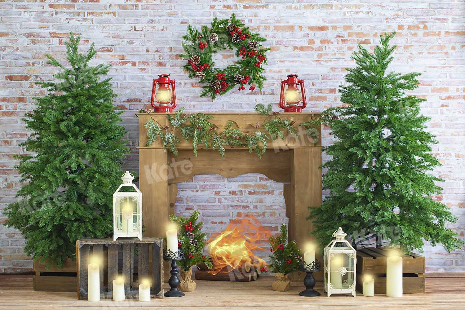Kate Christmas Candle White Brick Fireplace Backdrop Designed by Emetselch
