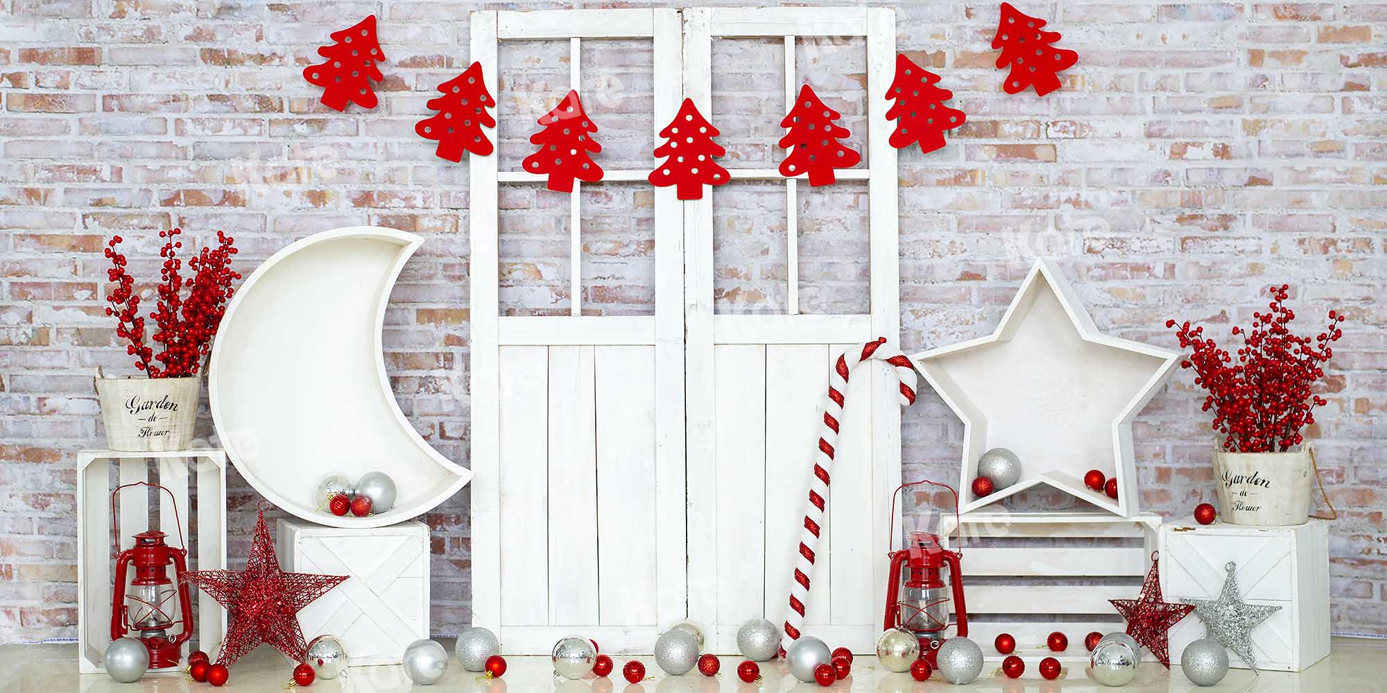 Kate Christmas Red Tree Barn Door White Brick Wall Backdrop Designed by Emetselch