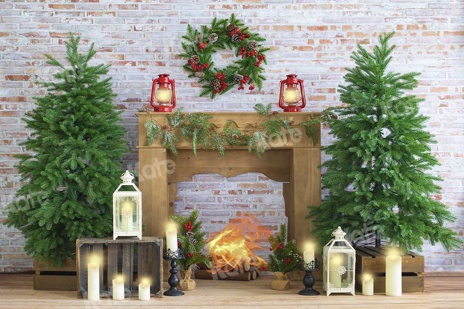 Kate Christmas Candle White Brick Fireplace Backdrop Designed by Emetselch