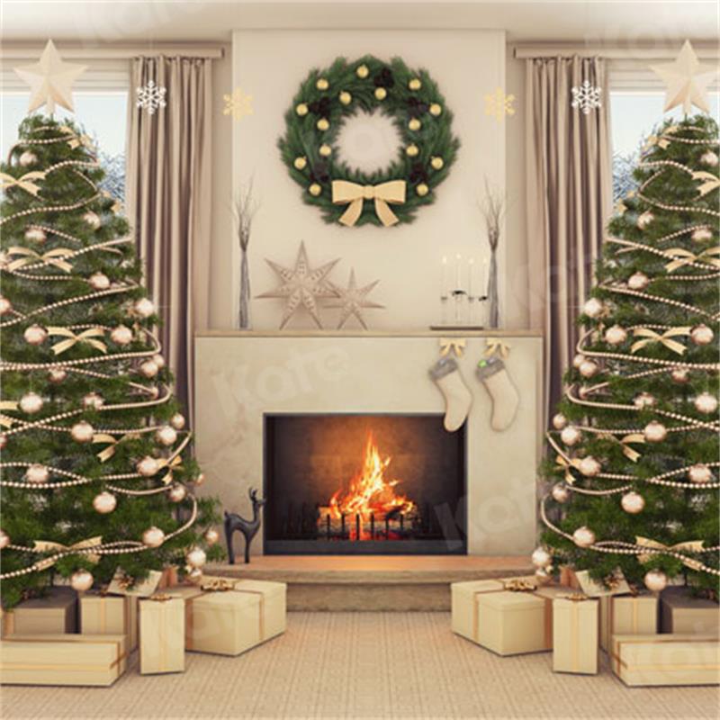 Kate Christmas Tree Fireplace Winter Backdrop for Photography
