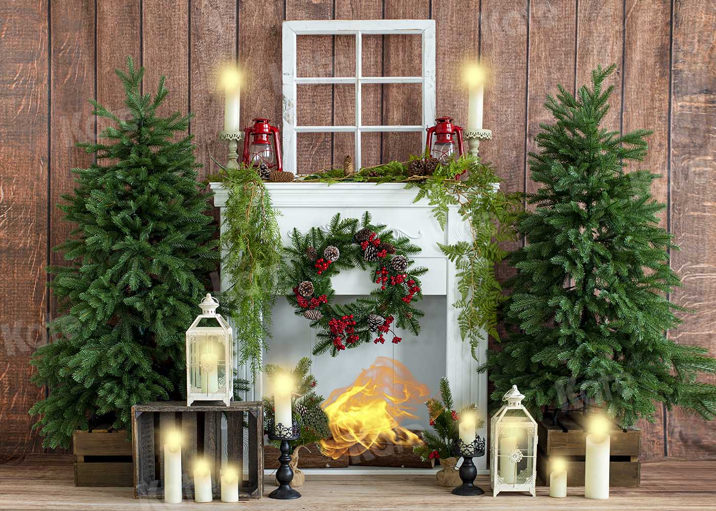 Kate Christmas Candle Fireplace Wood House Backdrop Designed by Emetselch