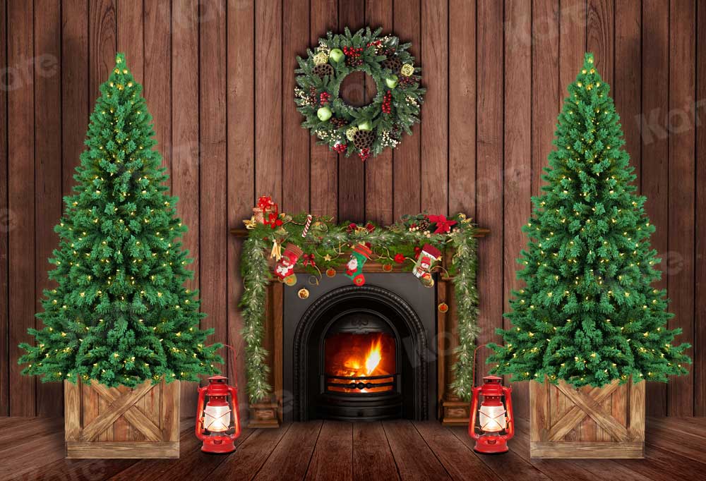 Kate Christmas Fireplace Wood Winter Backdrop for Photography