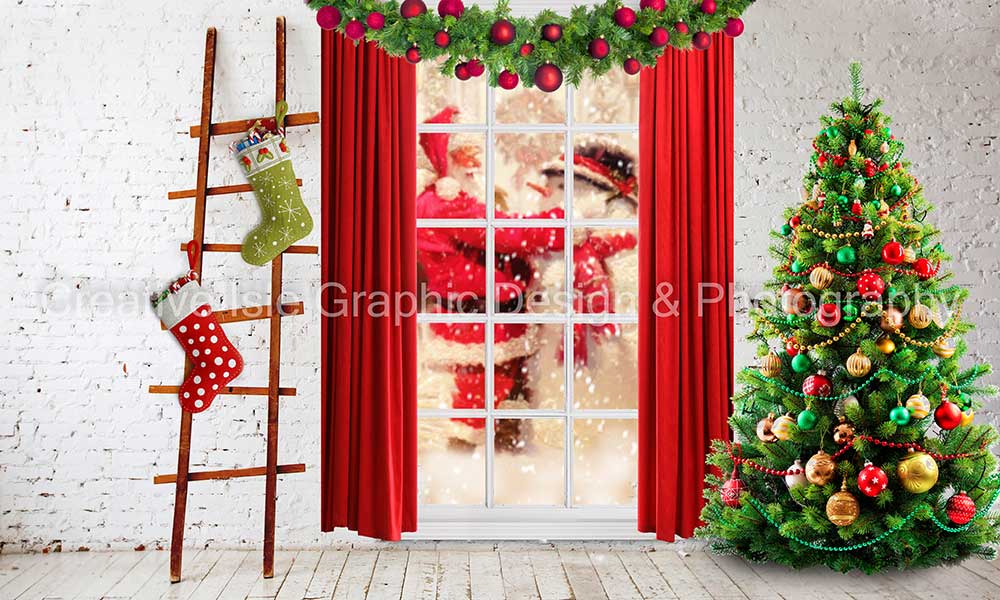 Kate Christmas Tree Window Backdrop Snowman Designed by Chrissie Green