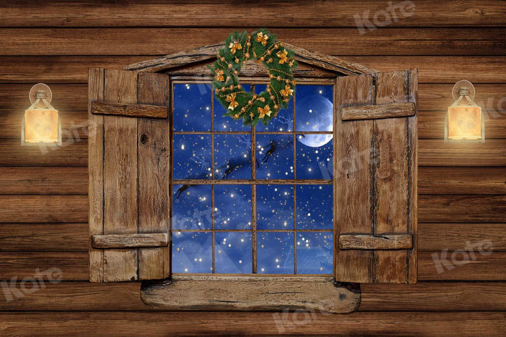 Kate Christmas Window Scene Backdrop Wooden House Designed by Chain Photography