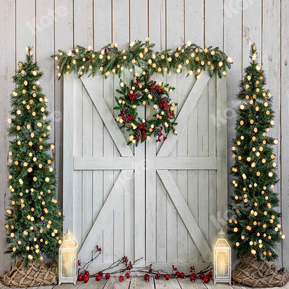 Kate Christmas Wood Grain Backdrop Winter Tree Wreath Designed by Emetselch
