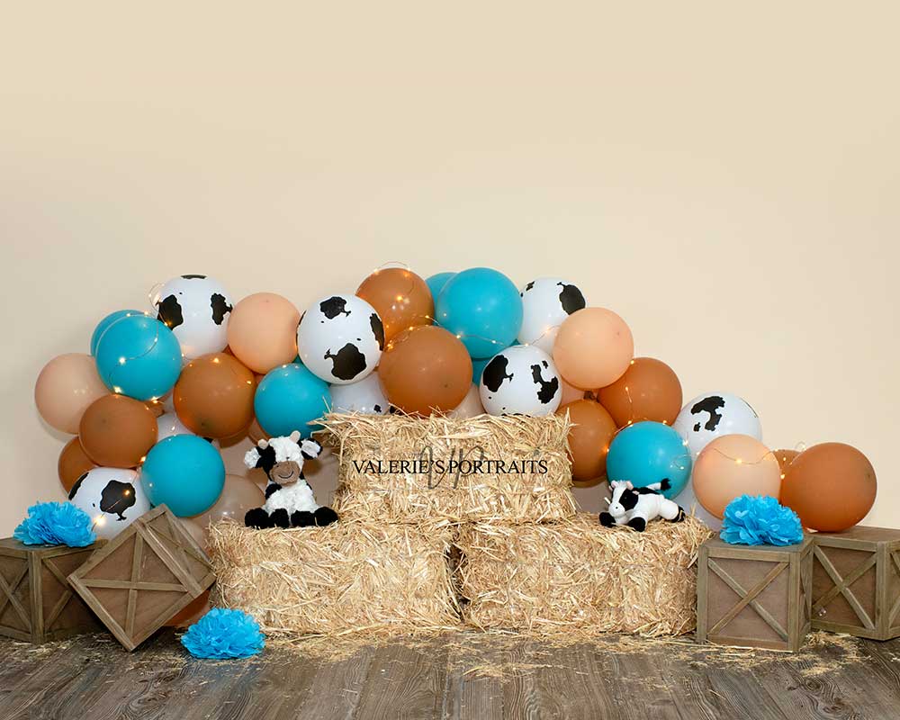 Kate Cow Cake Smash Backdrop Blue Brown Balloon Designed by Valerie Miranda - Kate Backdrop