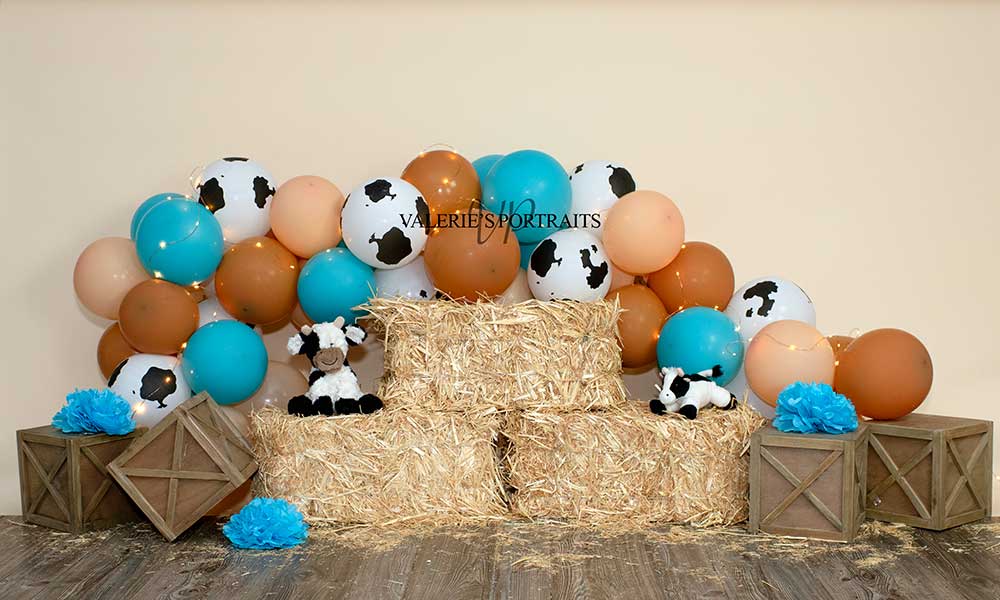 Kate Cow Cake Smash Backdrop Blue Brown Balloon Designed by Valerie Miranda - Kate Backdrop