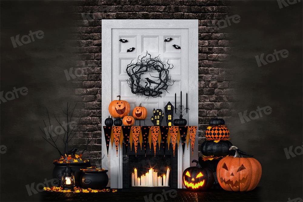 Kate Fall Halloween Backdrop White Wooden Door Pumpkin for Photography