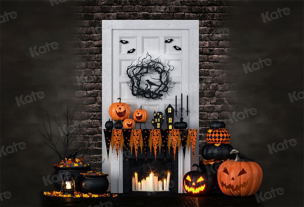 Kate Fall Halloween Backdrop White Wooden Door Pumpkin for Photography