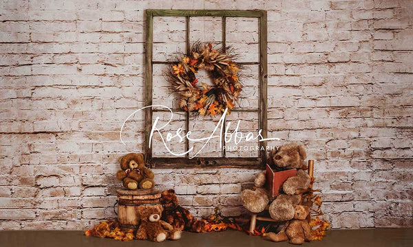 Rustic Autumn Cozy Teddy Bear Backdrop