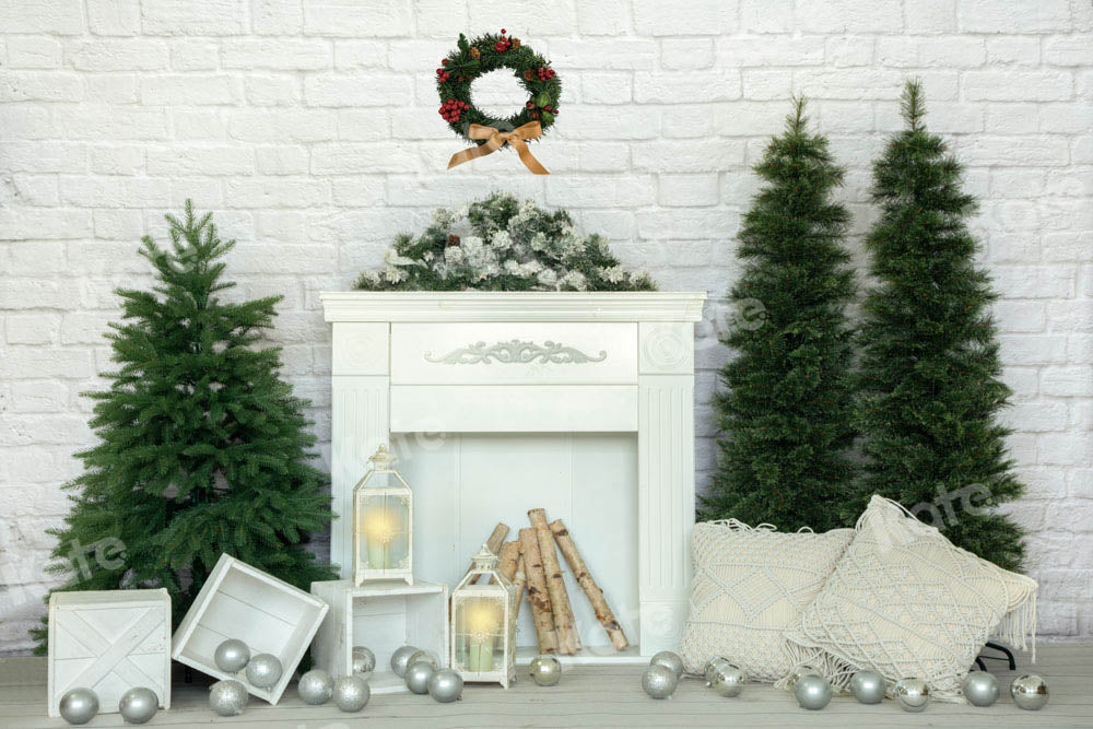 Kate Fireplace Wreath Backdrop White Brick Wall Designed by Emetselch