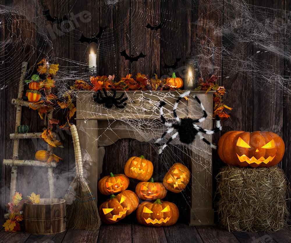 Kate Halloween Backdrop Fall Wood Grain Spider Web Designed by Emetselch