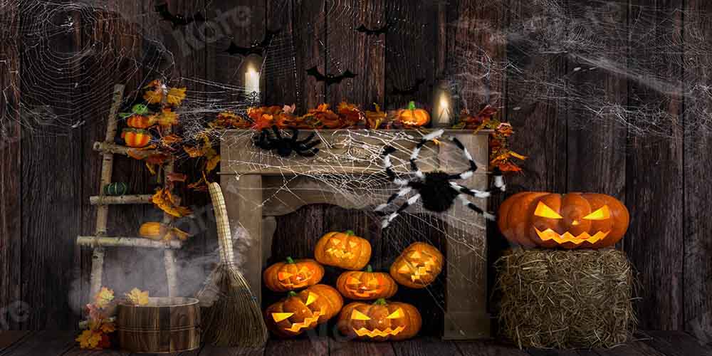 Kate Halloween Backdrop Fall Wood Grain Spider Web Designed by Emetselch