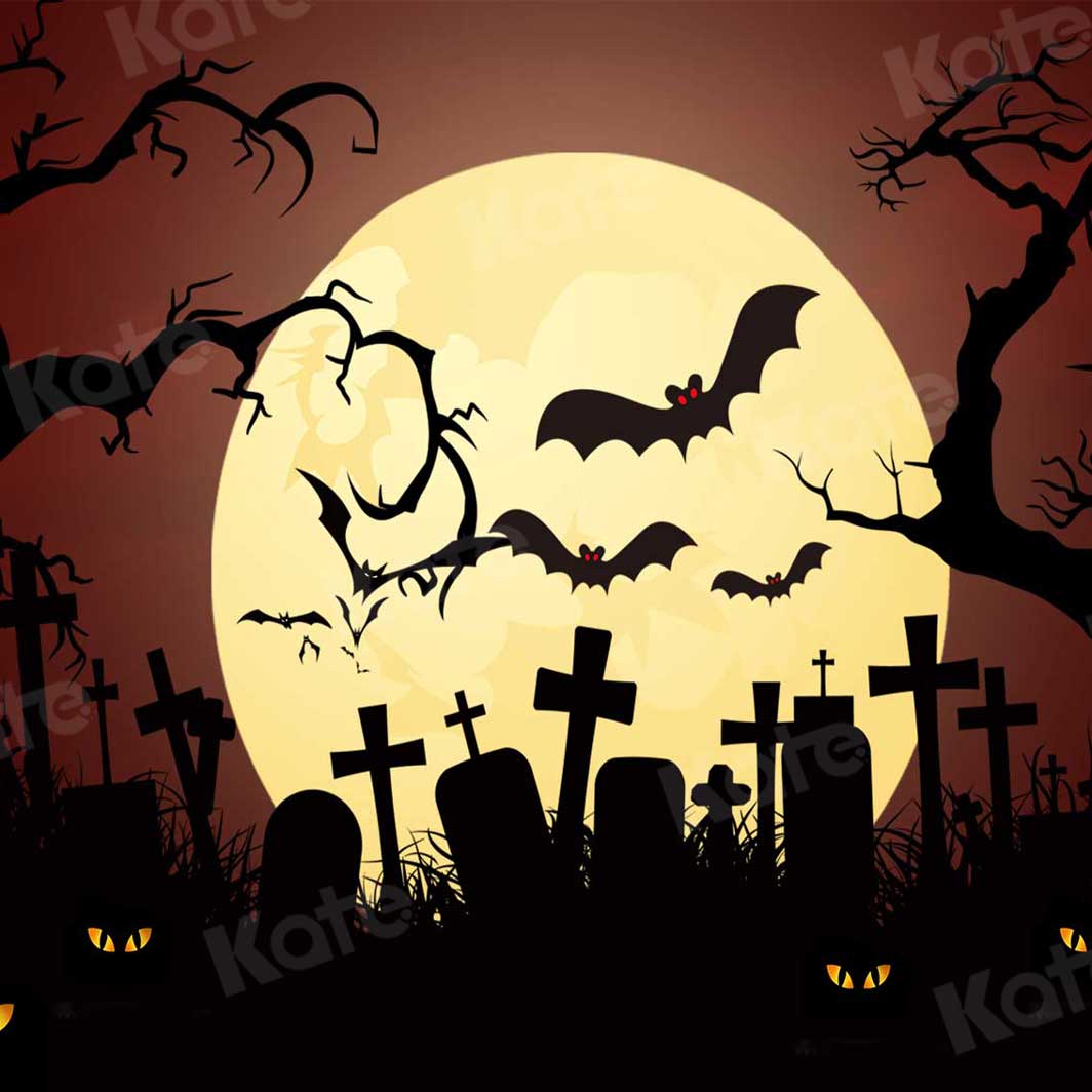 Kate Halloween Backdrop Moon Cemetery Bats Designed by Chain Photography