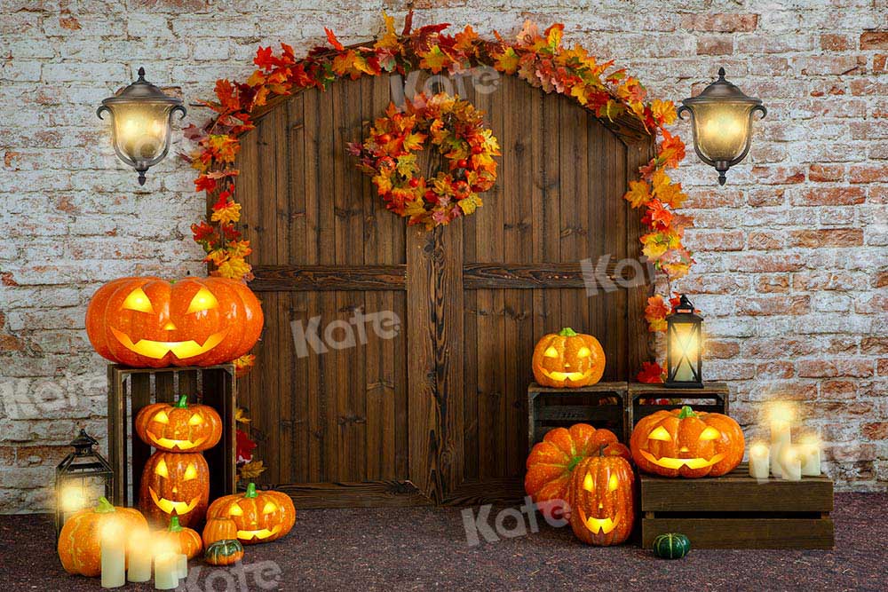 Kate Halloween Barn Door Backdrop Leaves Pumpkin Designed by Emetselch