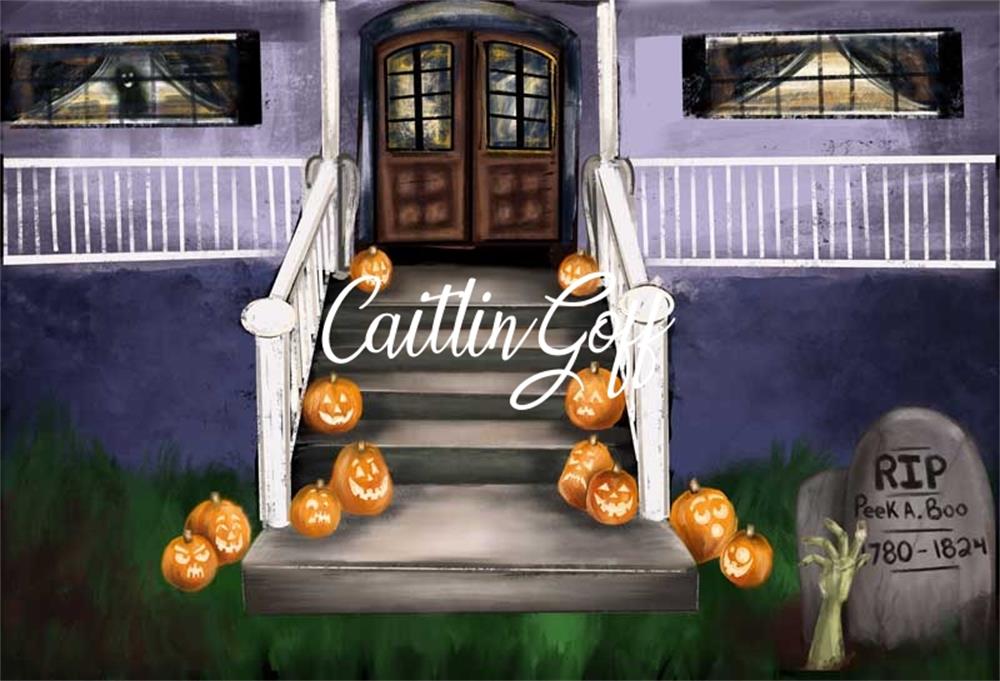 Kate Halloween Front Porch Trick or Treat Backdrop for Photography Designed by Modest Brushes