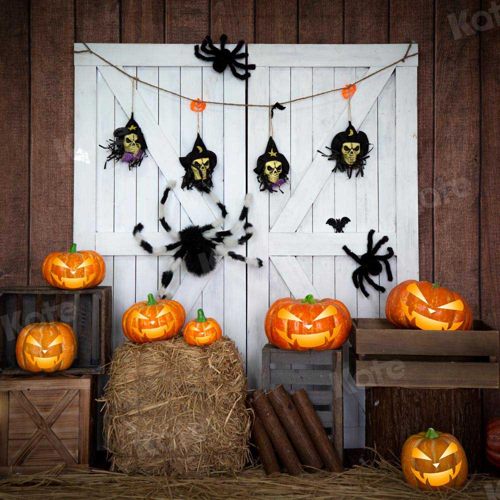 Kate Halloween Pumpkin Backdrop White Barn Door Designed by Emetselch