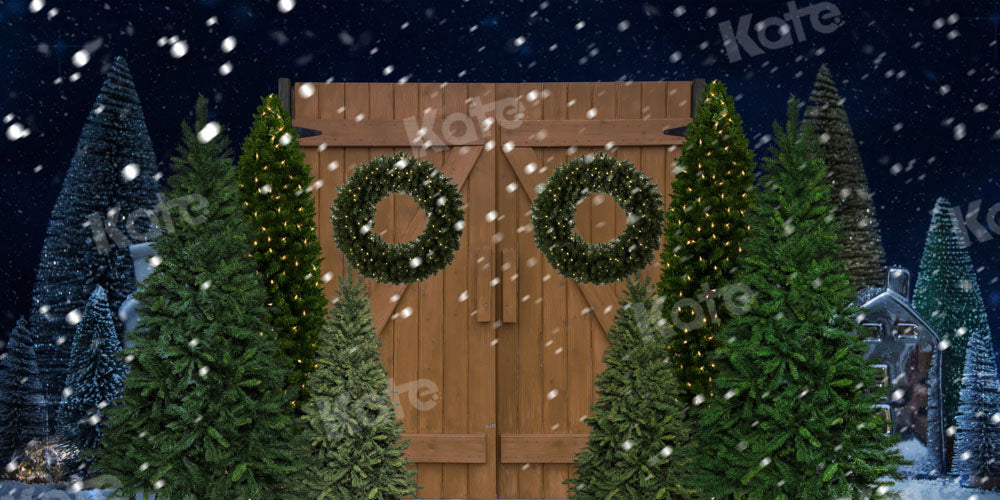 Kate Night Snow Christmas Backdrop Wooden Door Designed by Chain Photography