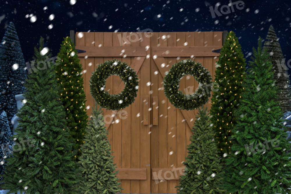 Kate Night Snow Christmas Backdrop Wooden Door Designed by Chain Photography