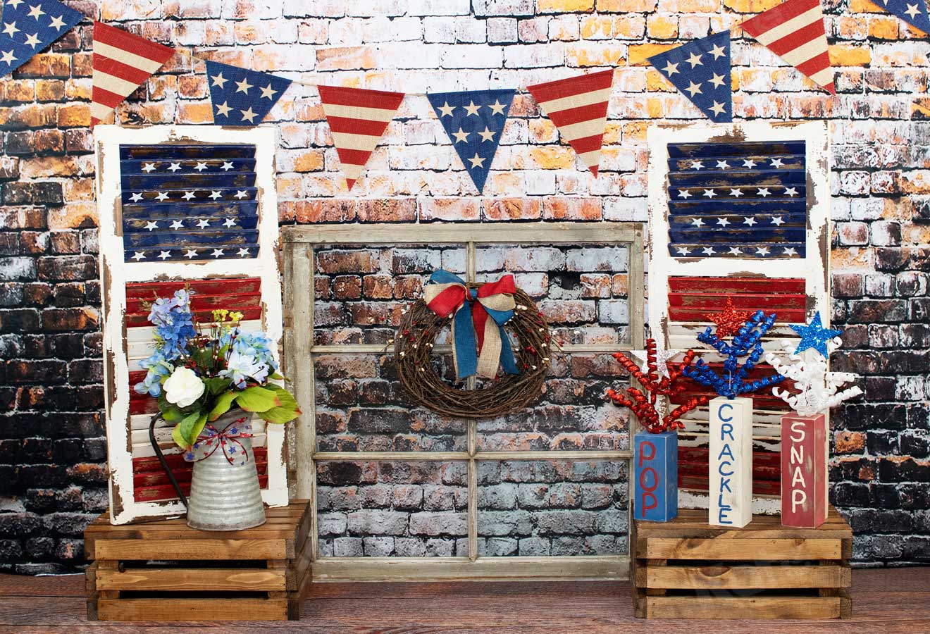 Kate Retro Brick with Window Decorations Independence Day Backdrop for Photography Designed by Leann West