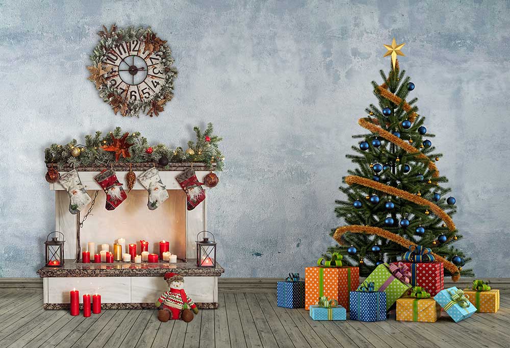 Kate Retro Christmas Tree Backdrop Fireplace Gift for Photography