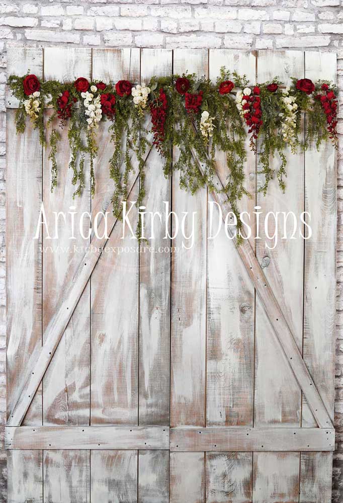 Kate Rustic Doors Red Floral Spring Backdrop Designed by Arica Kirby - Kate Backdrop