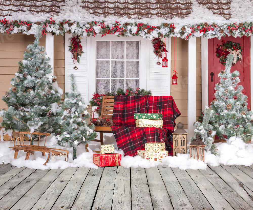 Kate Snow Outside House With Christmas Trees And Gifts for Photography - Kate Backdrop