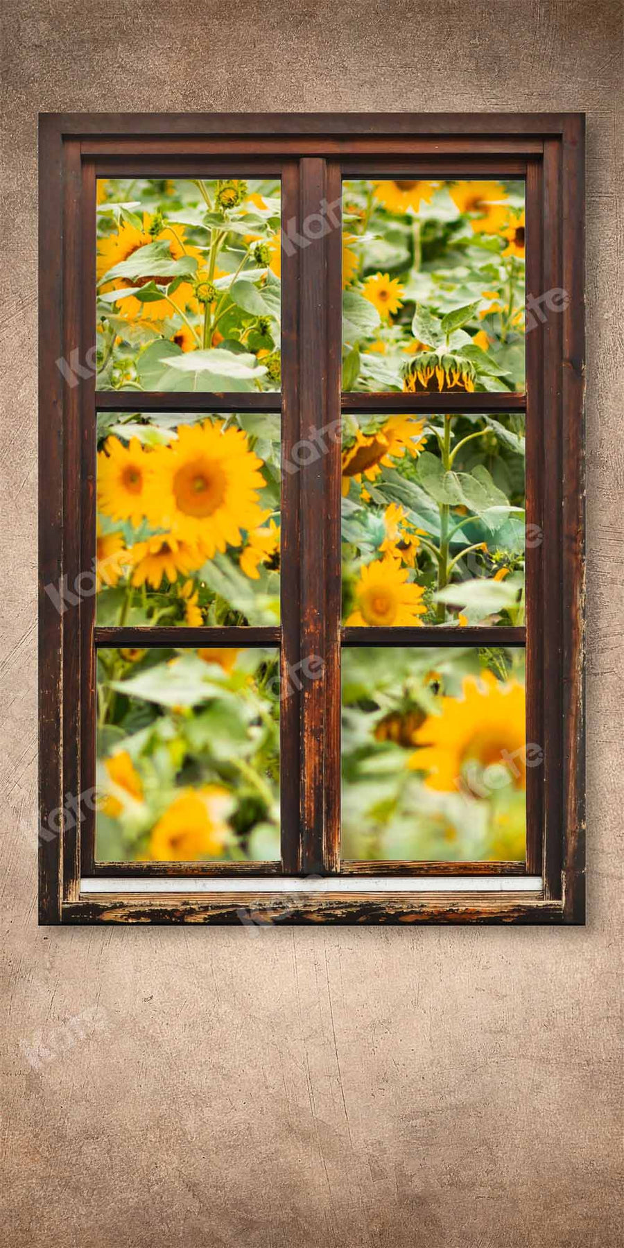 Rustic Window Frame Sunflower Field Backdrop