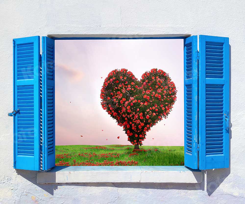 Kate Valentine Window Backdrop Flowers Heart-shaped Tree for Photography