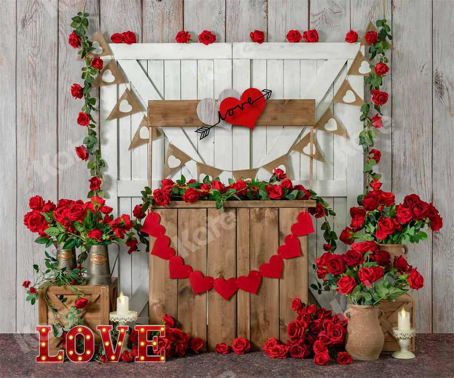 Rustic Red Rose Romantic Heart Backdrop