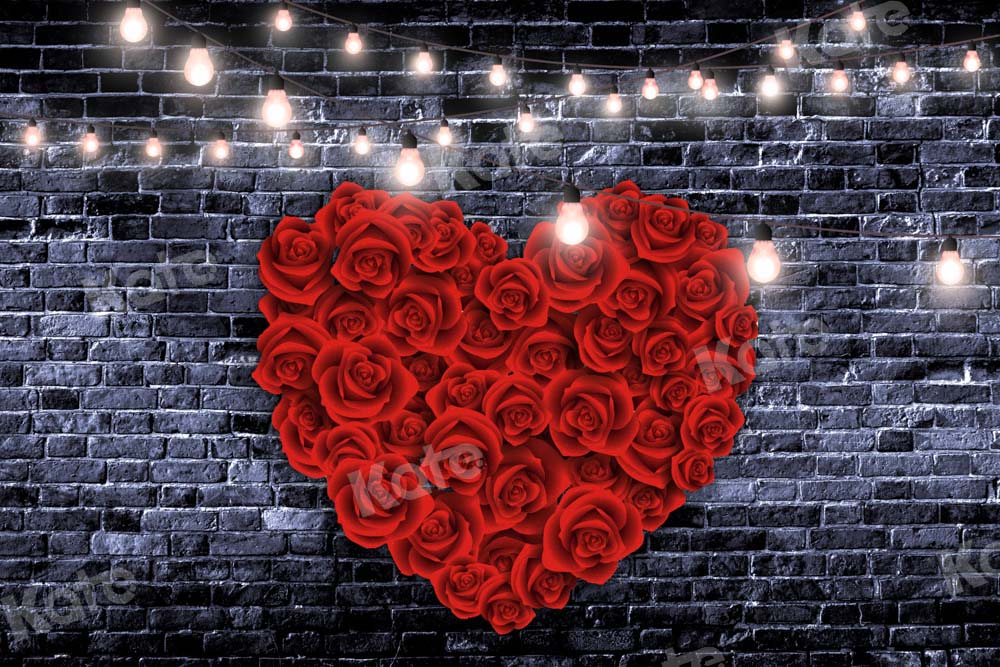 Kate Valentine's Day Backdrop Romantic Brick Wall Heart-shaped Flowers Designed by Chain Photography
