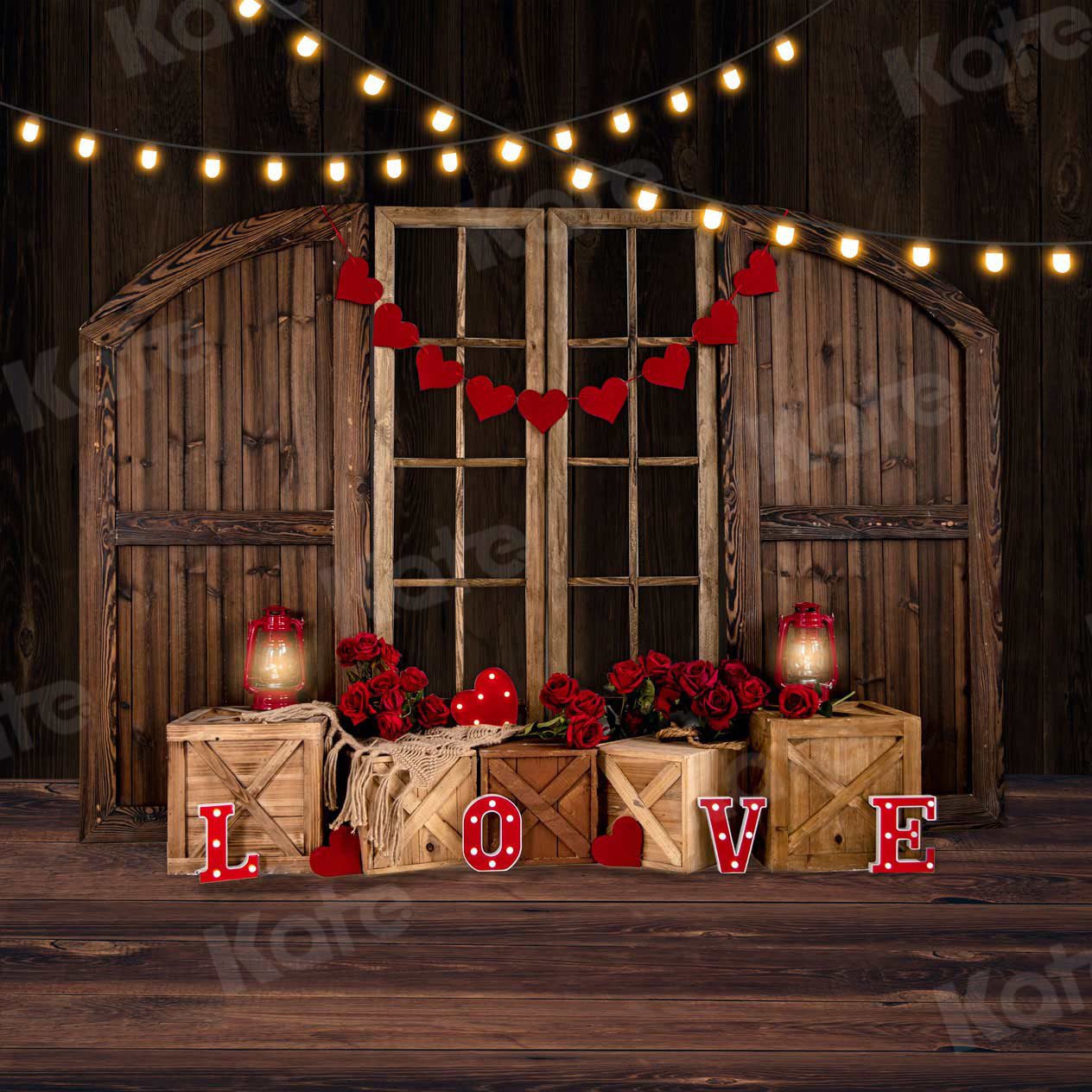 Kate Valentine's Day Backdrop Wooden Door Small Lamp Rose for Photography